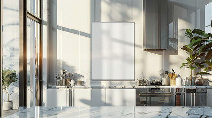 A blank poster mockup on a bright, sunlit wall of a modern kitchen, with stainless steel appliances and marble countertops reflecting the morning light. 32k, full ultra hd, high resolution