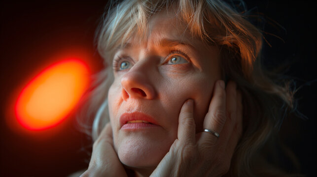 Portrait of middle-aged woman, menopause hot flash concept