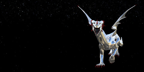 Illustration of a silver dragon with open mouth and red horns walking against a dark space background with stars.