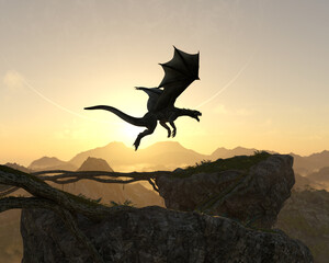 Illustration of a dragon flying above an outcropping with spread wings and head up on a fantasy world. - 782376579