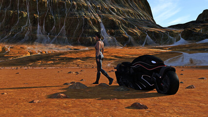 Illustration of an exotic woman wearing a brief leather outfit walking away from a motorcycle against an alien landscape.
