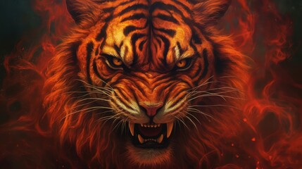 tiger with fire eyes digital art Generative AI - obrazy, fototapety, plakaty
