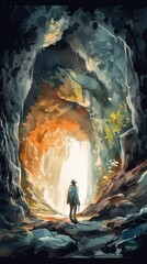 Explorer Discovering Cave with Headlamp Generative AI
