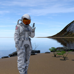 Illustration of a female astronaut holding a small alien in her hand near her facemask with mountain and water in the background on an alien world.