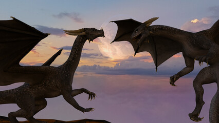 Illustration of two dragons standing and flying in the foreground with a moon and darkening sky at twilight.