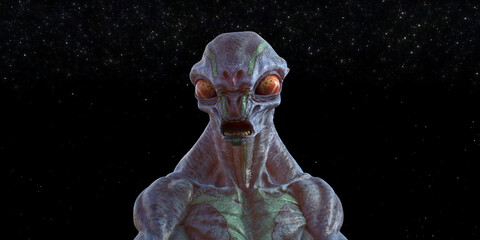 Illustration of an interesting orange eyed alien with gray and green skin in the foreground against a star and space background.