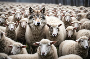 one wolf among a flock of sheep, a wolf in sheep's clothing
