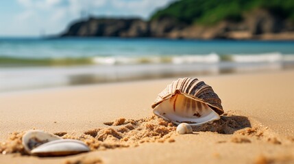 Seashells scatter along sandy shores lining the coastline, forming a picturesque scene that evokes the tranquility of the seaside environment.
