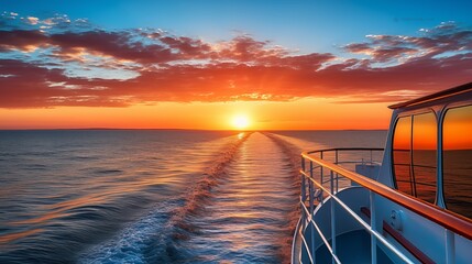 Embark on a captivating waterfront journey at sunset, aboard a dockside cruise, embracing the tranquil beauty of coastal scenery and the mesmerizing hues of the setting sun.
 - obrazy, fototapety, plakaty
