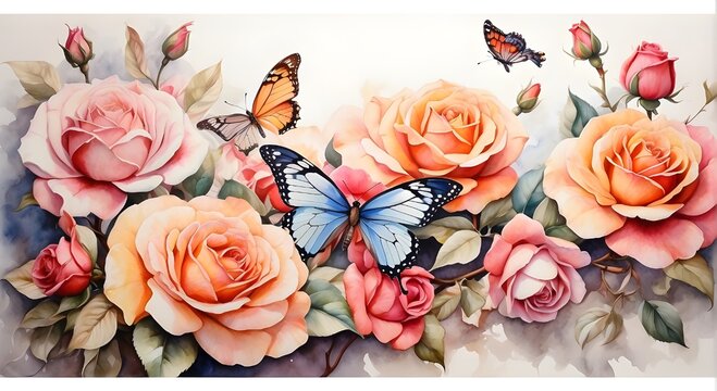 watercolor painting of vibrant tropical butterflies on delicate rose blooms in a garden