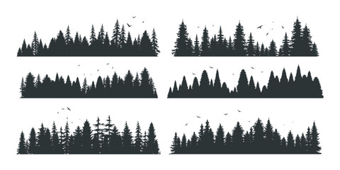 set of silhouettes of trees - obrazy, fototapety, plakaty