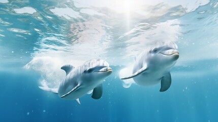 Pairs of dolphins swimming freely, gracefully navigating the vastness of the open sea, embodying a sense of freedom and harmony in their aquatic habitat.
