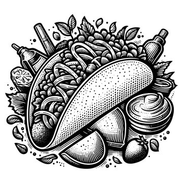 taco surrounded by ingredients and sauces, highlighting Mexican cuisine sketch engraving generative ai PNG illustration. Scratch board imitation. Black and white image.