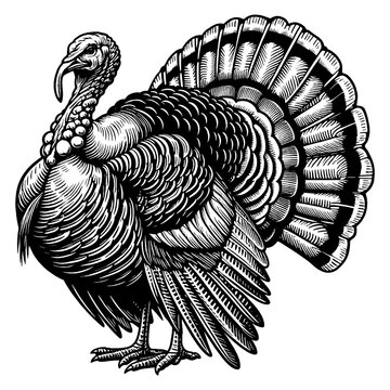 turkey farm bird in a vintage style sketch engraving generative ai PNG illustration. Scratch board imitation. Black and white image.