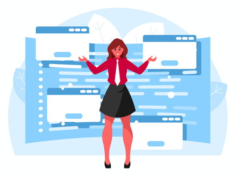 Programming courses. Woman throws up her hands. Control panel screen with program code. Programming languages. Vector graphics