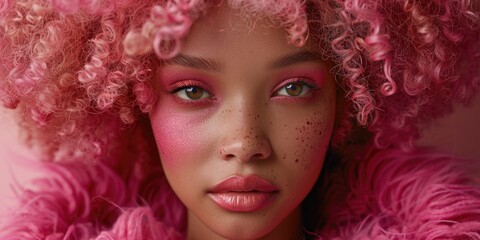 A professional close-up of a african american model with vibrant pink hair, showcasing color and style. - obrazy, fototapety, plakaty