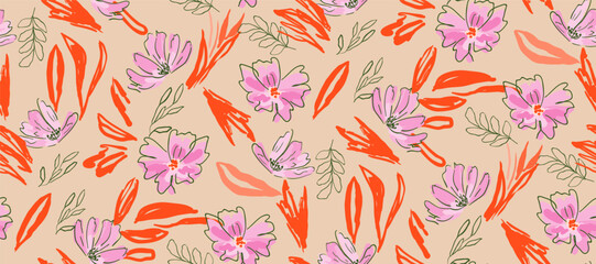 Cute feminine   seamless pattern with wildflowers.