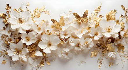 White oil-painted flowers with gold-tinted butterflies on white backgrounds