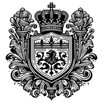vintage heraldic crest featuring a crown, shield, and ornamental flourishes sketch engraving generative ai PNG illustration. Scratch board imitation. Black and white image.