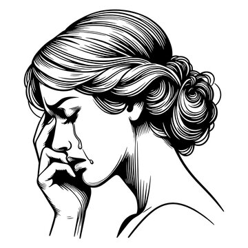 Crying woman in a state of sorrow, her hand covering her face in despair sketch engraving generative ai fictional character PNG illustration. Scratch board imitation. Black and white image.