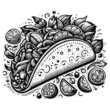 taco surrounded by ingredients and sauces, highlighting Mexican cuisine sketch engraving generative ai PNG illustration. Scratch board imitation. Black and white image.