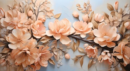 Naklejka na ściany i meble lovely springtime blossoms drawn in peach tones with a hint of blue using oil paint on canvas