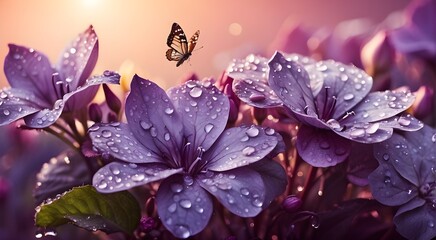Beautiful violet flowers with dewdrops and butterflies against a sunrise