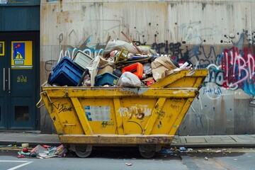 A skip filled with trash - obrazy, fototapety, plakaty