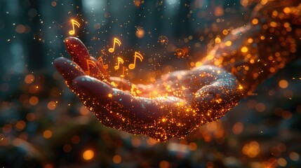 A persons hand releasing floating musical notes in a magical display of music production.