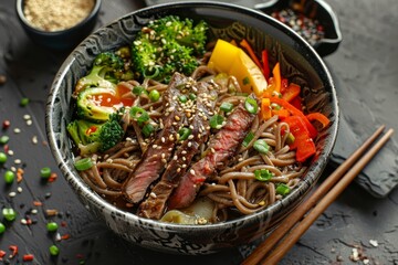 Asian meal of soba noodles beef and veggies View from above