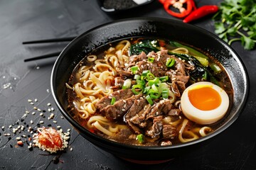Asian Miso Ramen with beef egg and pak choi on black background top view