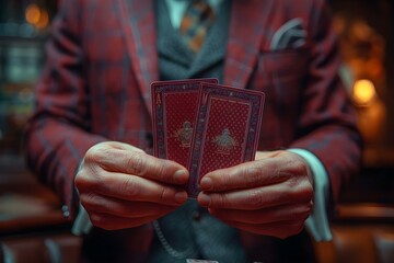 Card Conjurer: Elegance & Mystery in a Burgundy Ensemble. Concept Magician, Illusionist, Sleight Of Hand, Prestidigitation, Stage Performance