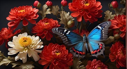 Chrysanthemum blooms with a vivid crimson peacock butterfly on them.