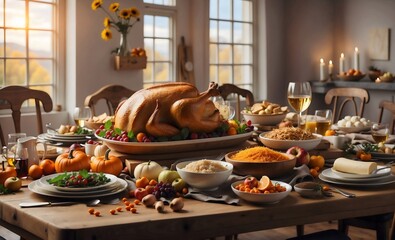 A festive Thanksgiving dinner spread with a delicious turkey and a variety of mouthwatering dishes,  table setting, celebration background