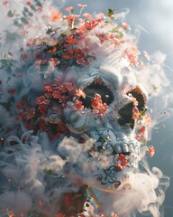 A mexican sugar skull with flowers and smoke surrounding it.