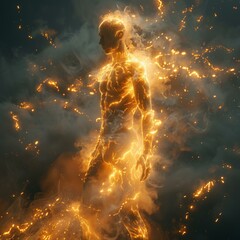 Glowing fiery human figure surrounded by sparks and smoke, abstract energy body concept, orange and blue hues. Copy space.