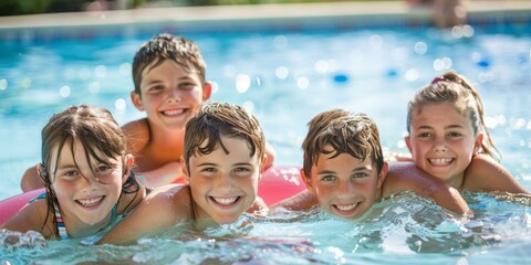 Five smiling children enjoying summer pool time, bright sunny day, outdoor aquatic fun, diverse group.