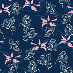 Simple monochrome  seamless pattern with flowers silhouette.