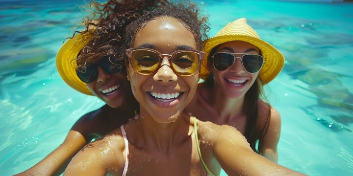 Three joyful diverse women with yellow hats and sunglasses in sea, friendship concept, vibrant summer vibes. Copy space.