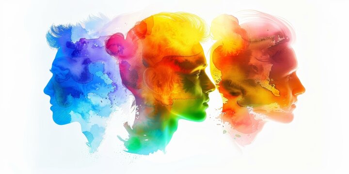 Three watercolor silhouette profiles blending, spectrum of colors, creative concept, abstract background