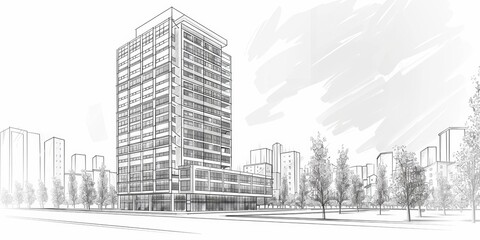 Black and white sketch of modern office building with trees and cityscape, minimalistic architectural drawing, urban planning design. Copy space.