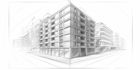 Fototapeta premium Architectural sketch of modern apartment buildings in grayscale, urban planning concept, detailed line drawing. Copy space.