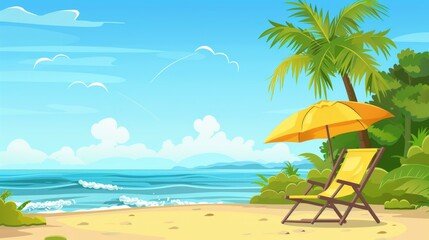Tropical beach landscape with single yellow umbrella, lounge chair, palm trees, and ocean view. Copy space.