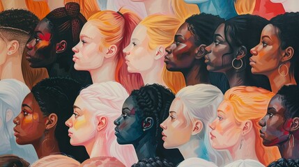 Diverse group of stylized people, side profiles, multicultural, colorful palette, unity in diversity concept, illustration. - obrazy, fototapety, plakaty