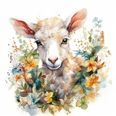 Charming Watercolor Lamb Among Flowers and Foliage Generative AI