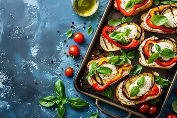 Grilled summer vegetable sandwiches with eggplant bell peppers ciabatta yogurt sauce and basil on a blue background Top view vegetarian concept - obrazy, fototapety, plakaty