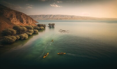 Serene Kayaking Adventure at the Sea of Galilee Generative AI - obrazy, fototapety, plakaty