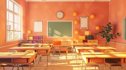 A cheerful, orange-hued classroom bathed in the warm glow of the sun through large windows, creating an inviting atmosphere for learning.