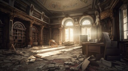 Abandoned Ornate Library with Scattered Dusty Books Generative AI - obrazy, fototapety, plakaty