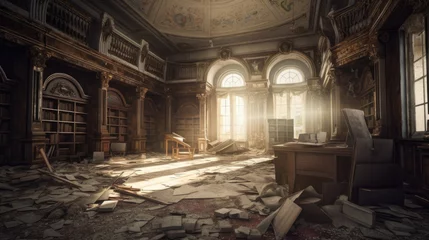 Fotobehang Abandoned Ornate Library with Scattered Dusty Books Generative AI © AlexandraRooss